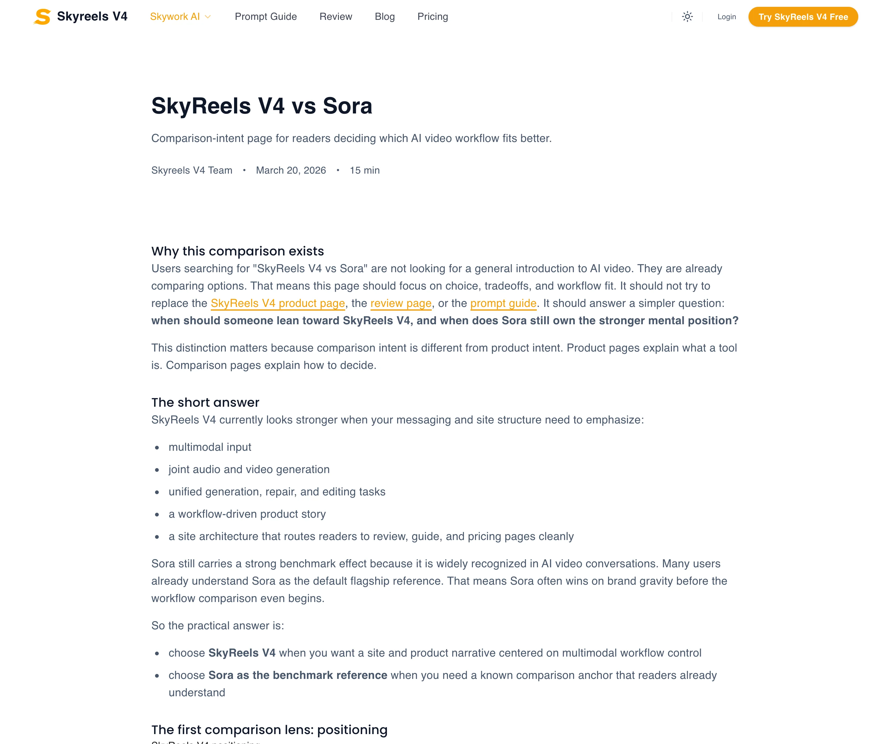 SkyReels V4 vs Sora Comparison Page Summary Screenshot