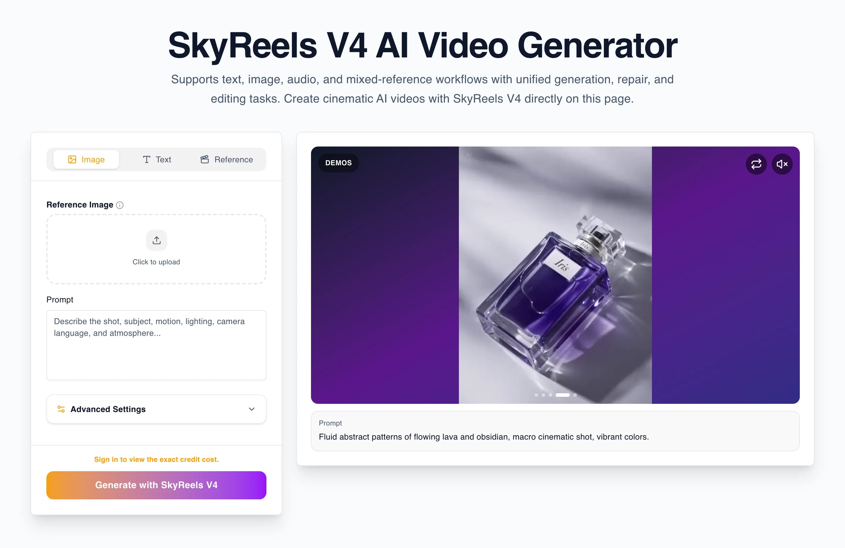 SkyReels V4 Generator Prompt and Reference Input Area Screenshot